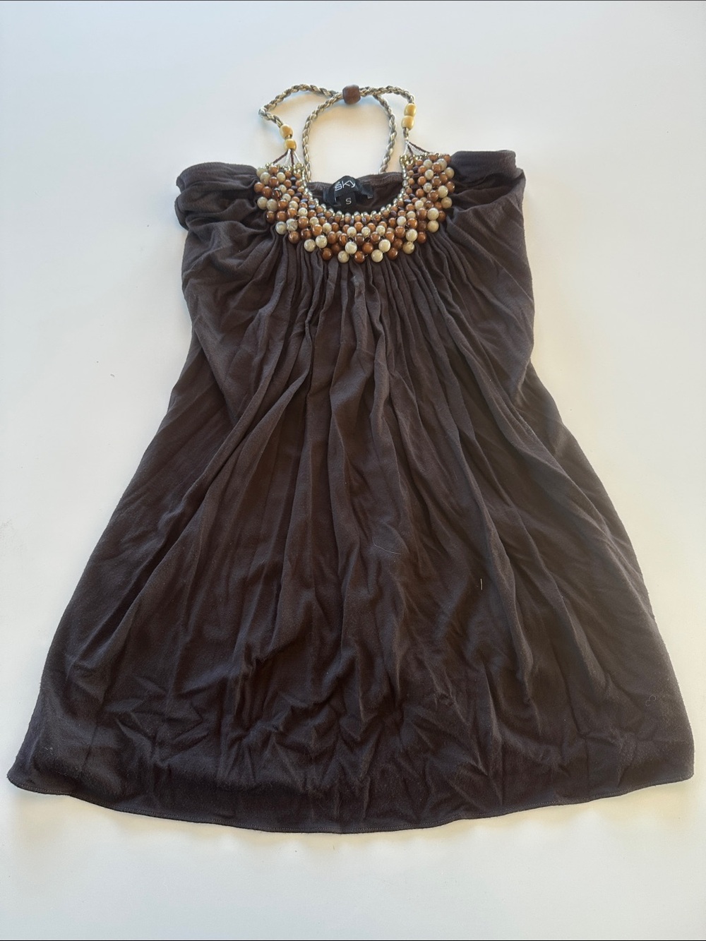 Sky Beaded Neck Halter Camisole in Dark Brown